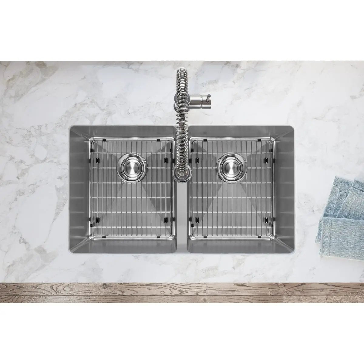 polished satin equal double bowl undermount sink kit
