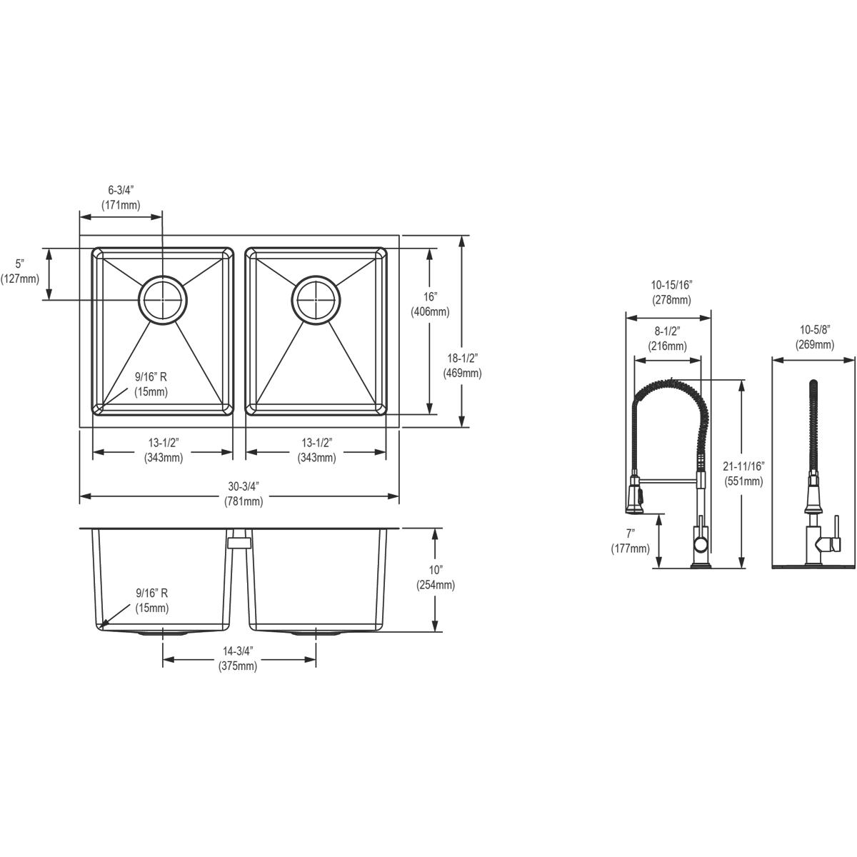 polished satin equal double bowl undermount sink kit