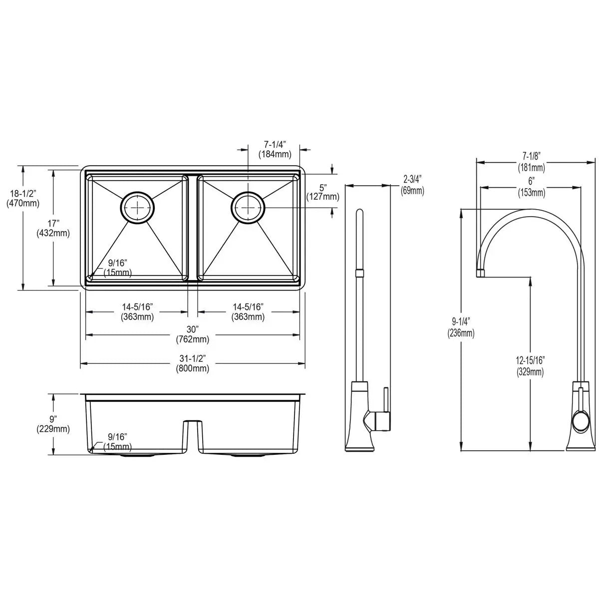 stainless steel equal double bowl sink kit