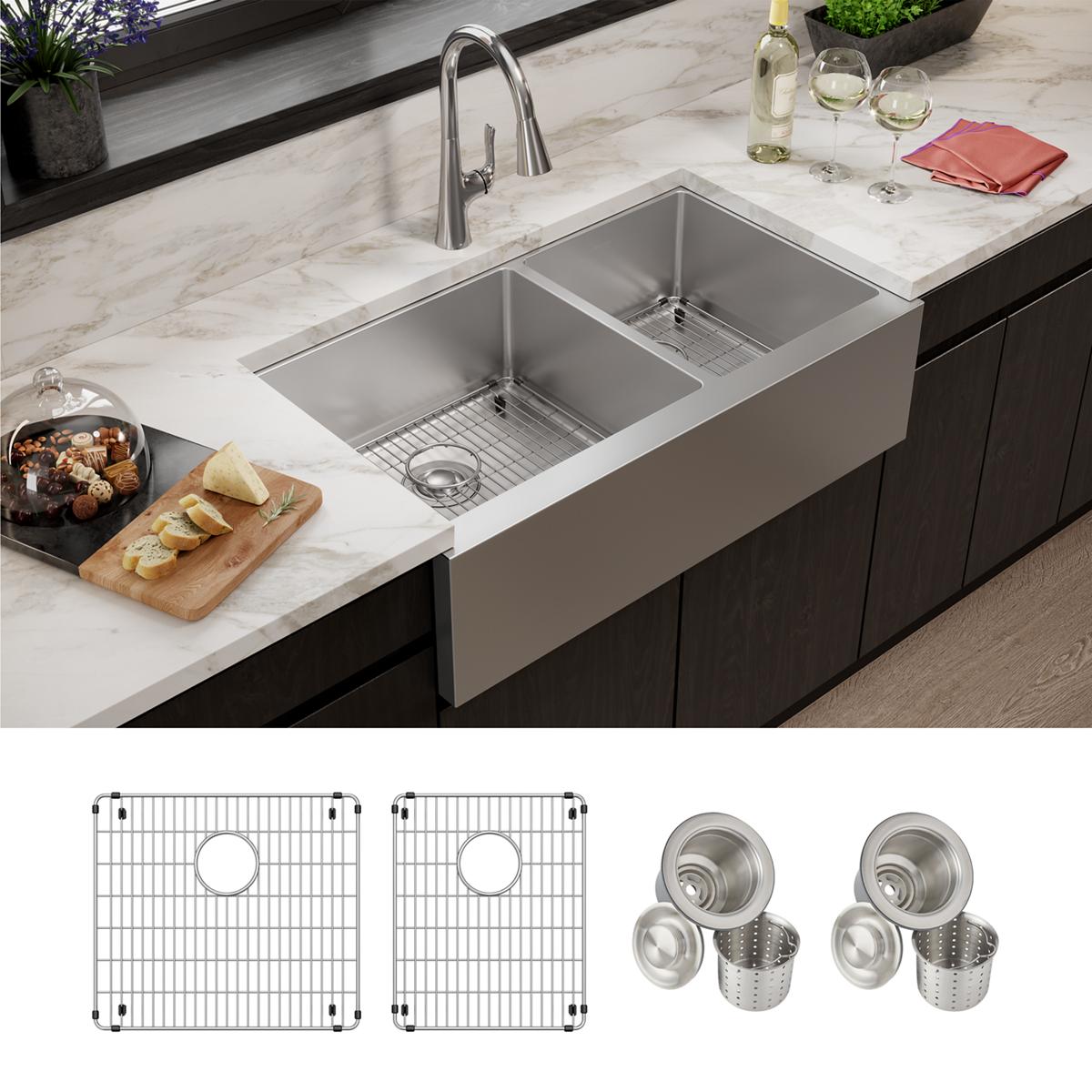 polished satin double bowl tall farmhouse sink kit