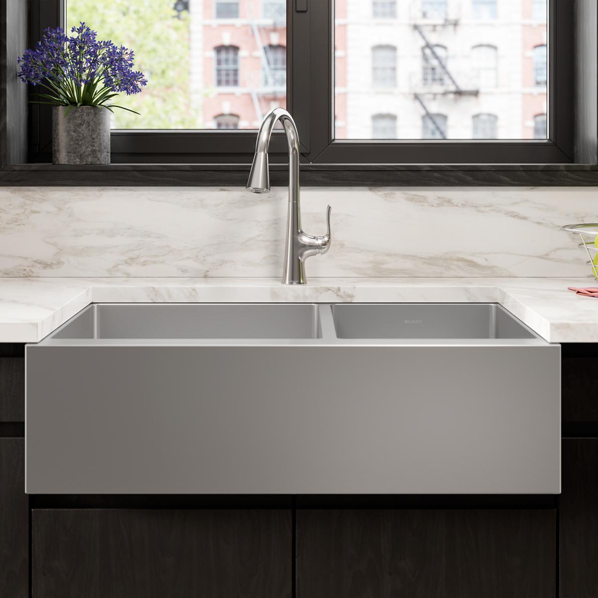 polished satin double bowl tall farmhouse sink kit