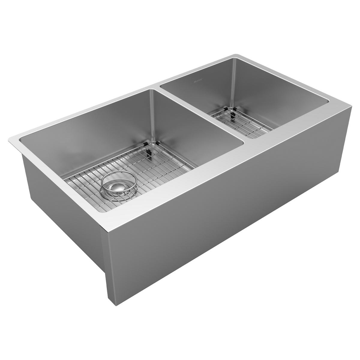 polished satin double bowl tall farmhouse sink kit
