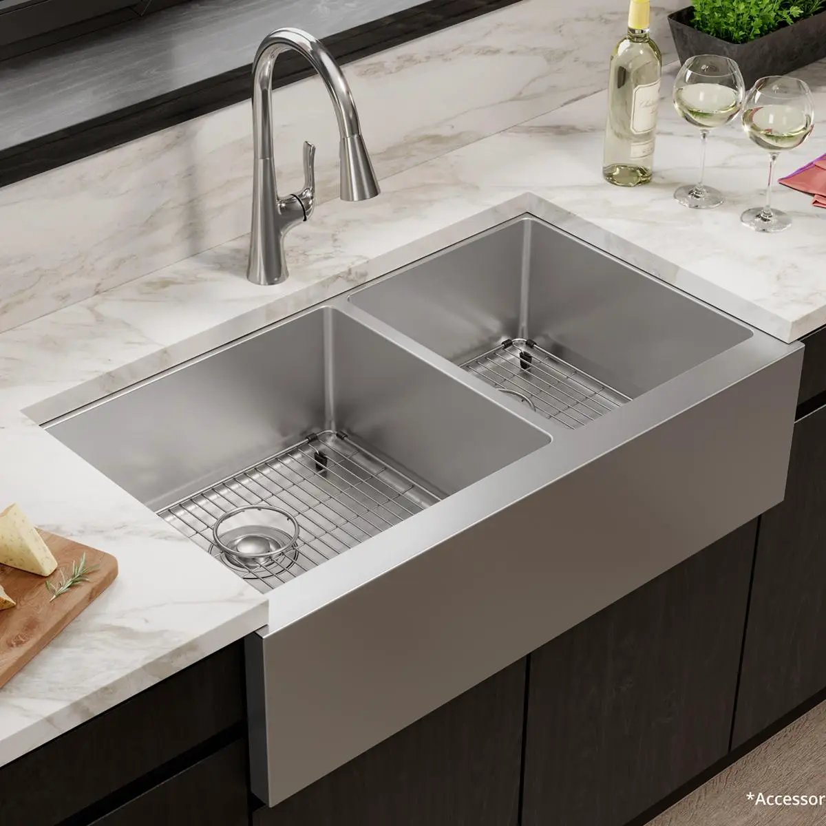 polished satin double bowl tall farmhouse sink