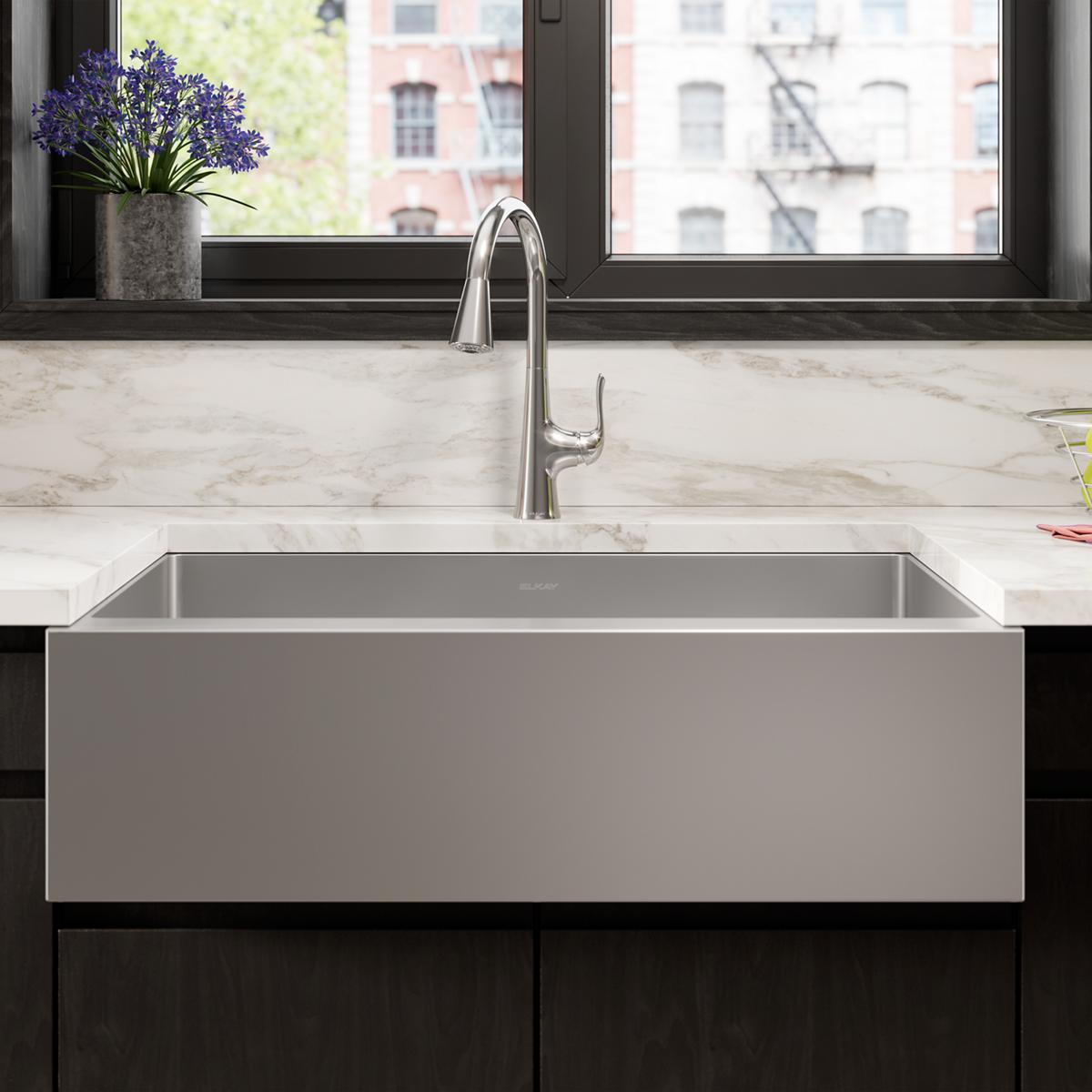 polished satin equal double bowl tall farmhouse sink kit