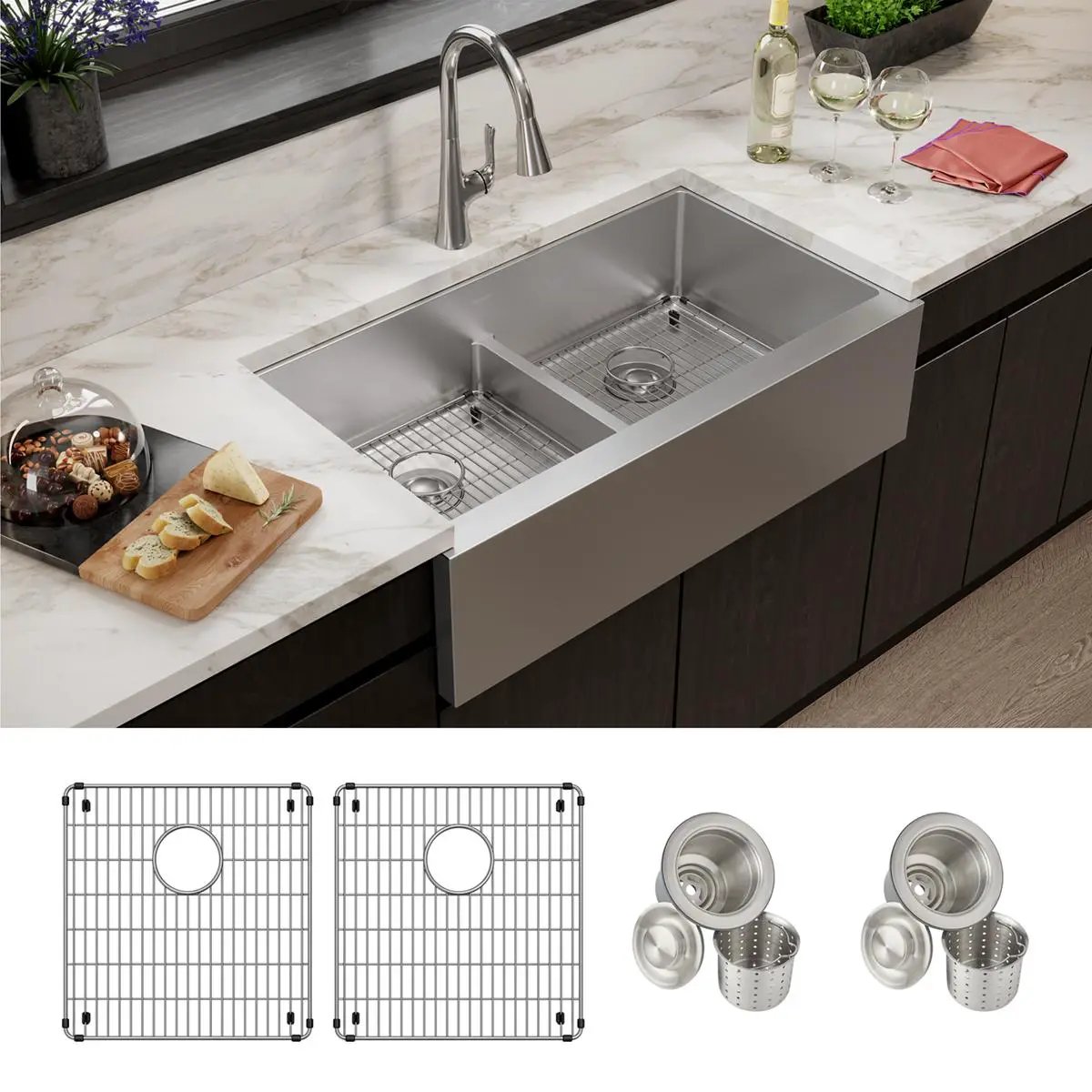 polished satin equal double bowl tall farmhouse sink kit