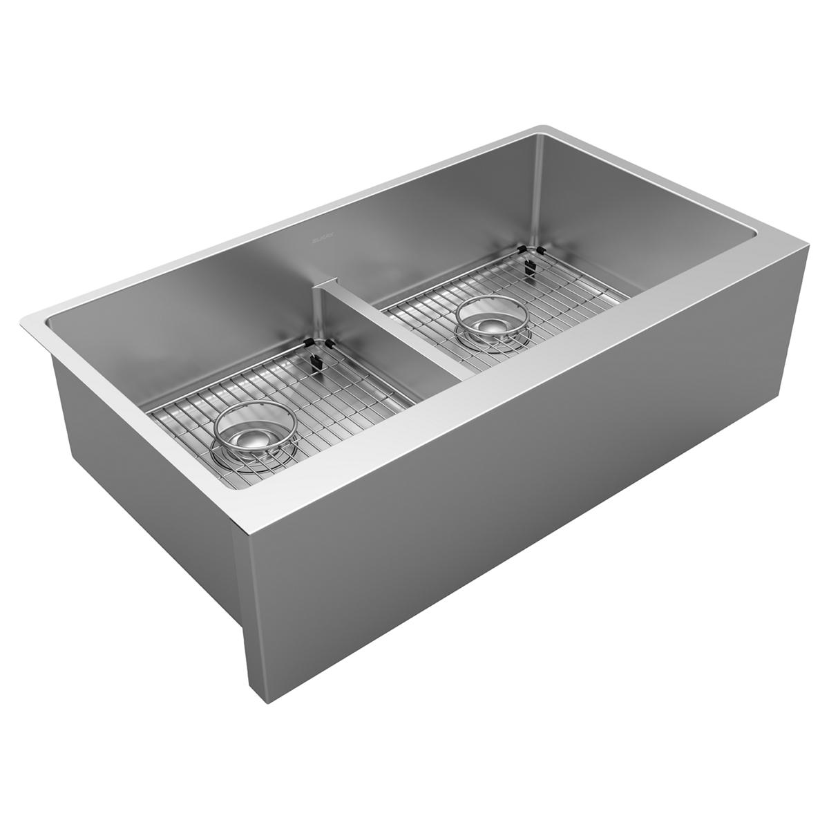 polished satin equal double bowl tall farmhouse sink kit