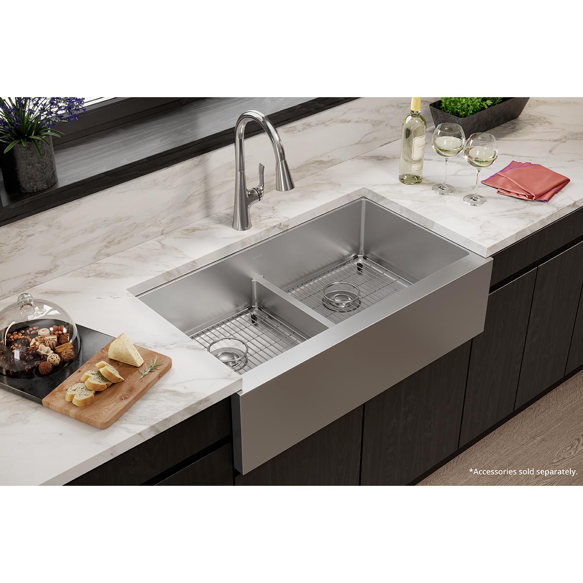 polished satin equal double bowl tall farmhouse sink