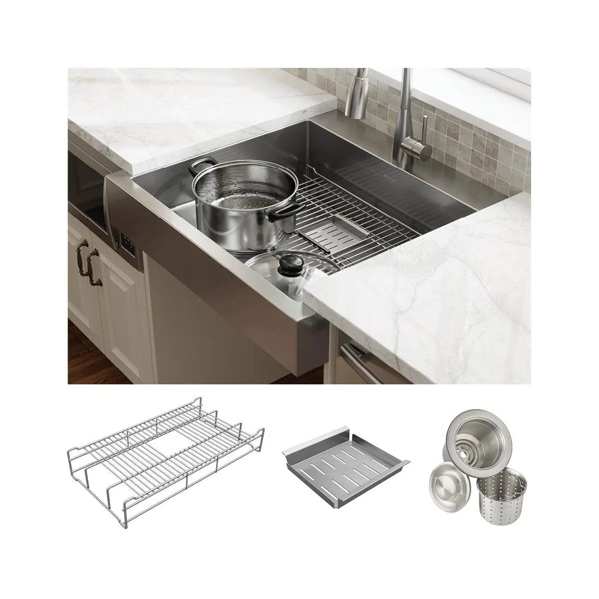 polished satin single bowl farmhouse ada workstation sink