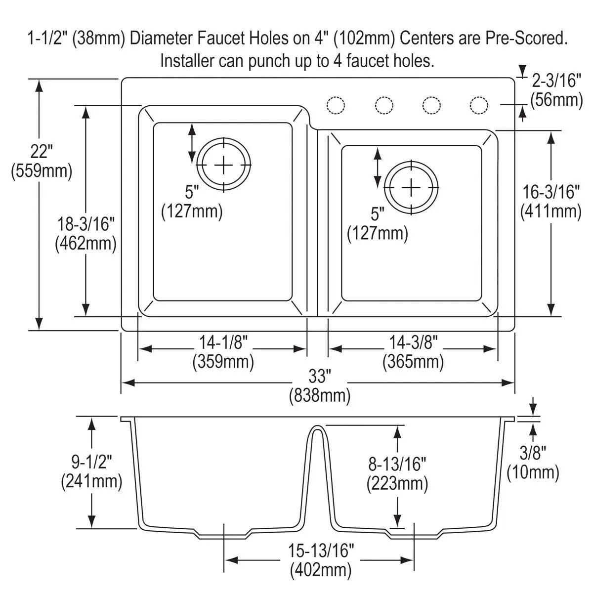 black offset double bowl drop-in sink