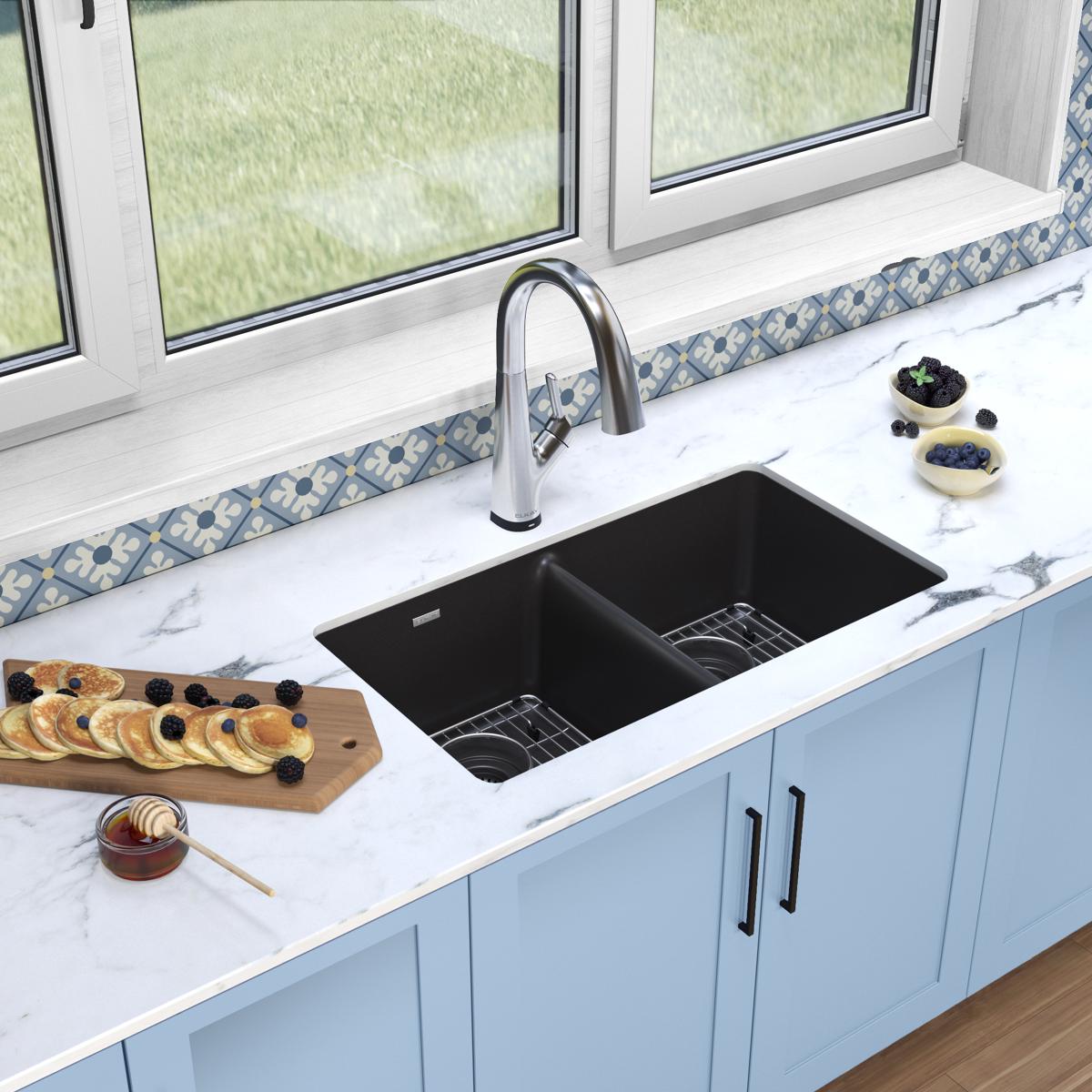 black equal double bowl undermount sink