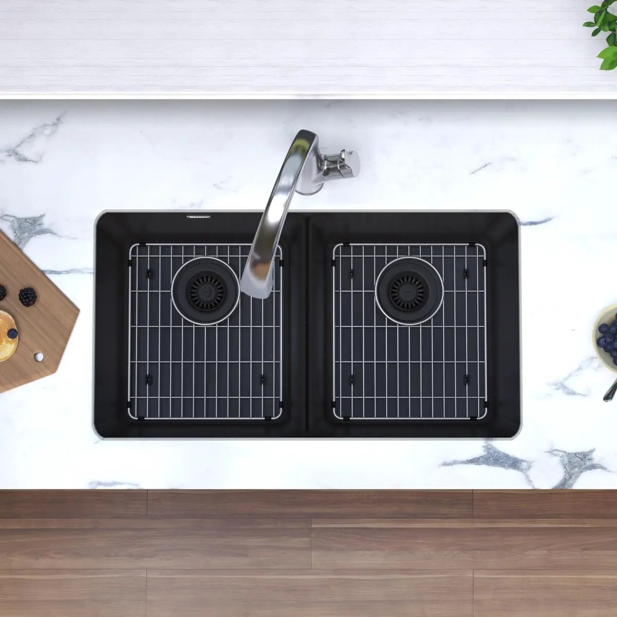black equal double bowl undermount sink