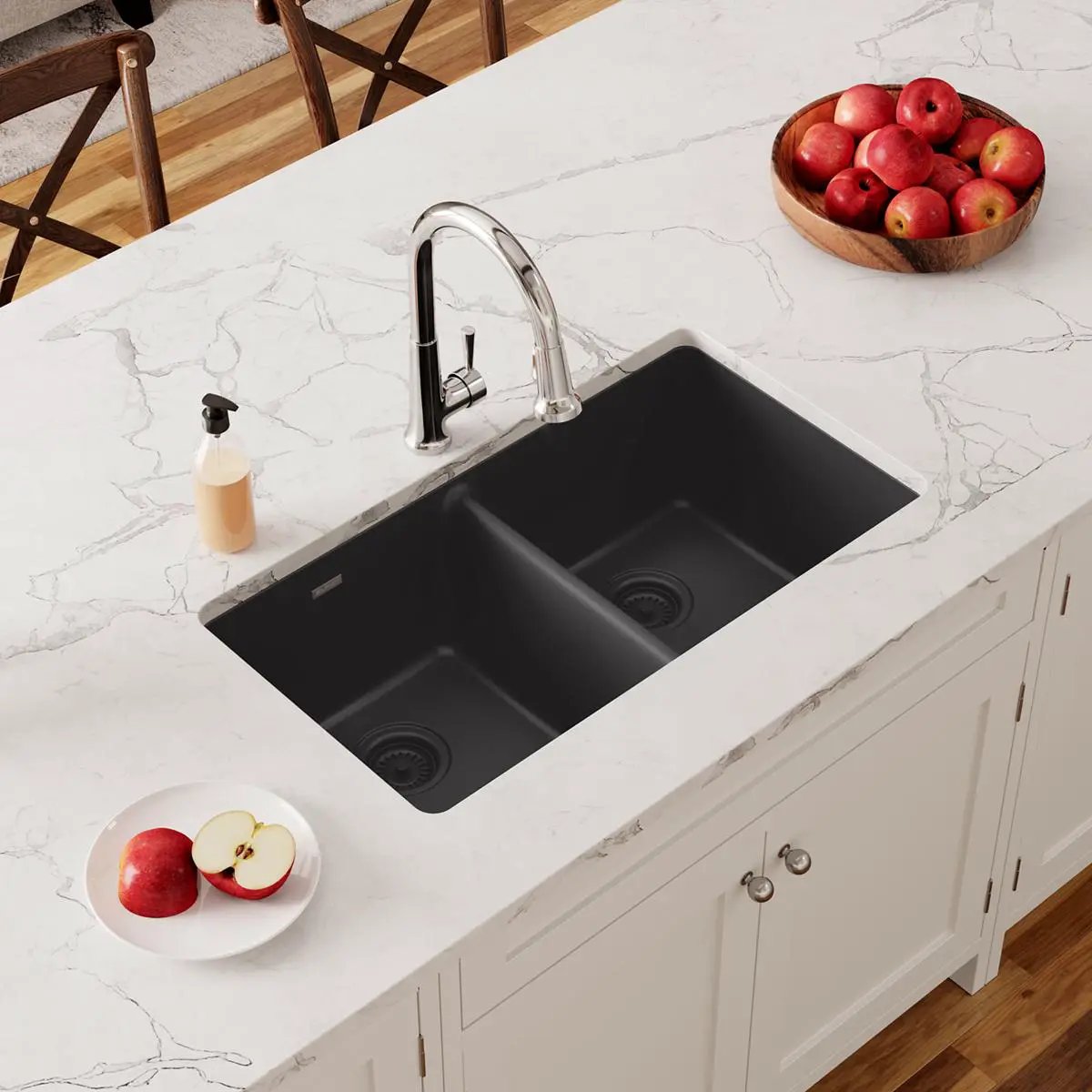 black equal double bowl undermount sink