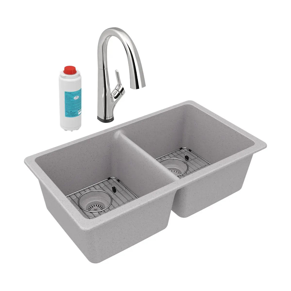 Elkay Quartz Classic 33" x 18-1/2" x 9-1/2" Equal Double Bowl Undermount Sink Kit with Filtered Faucet by Elkay