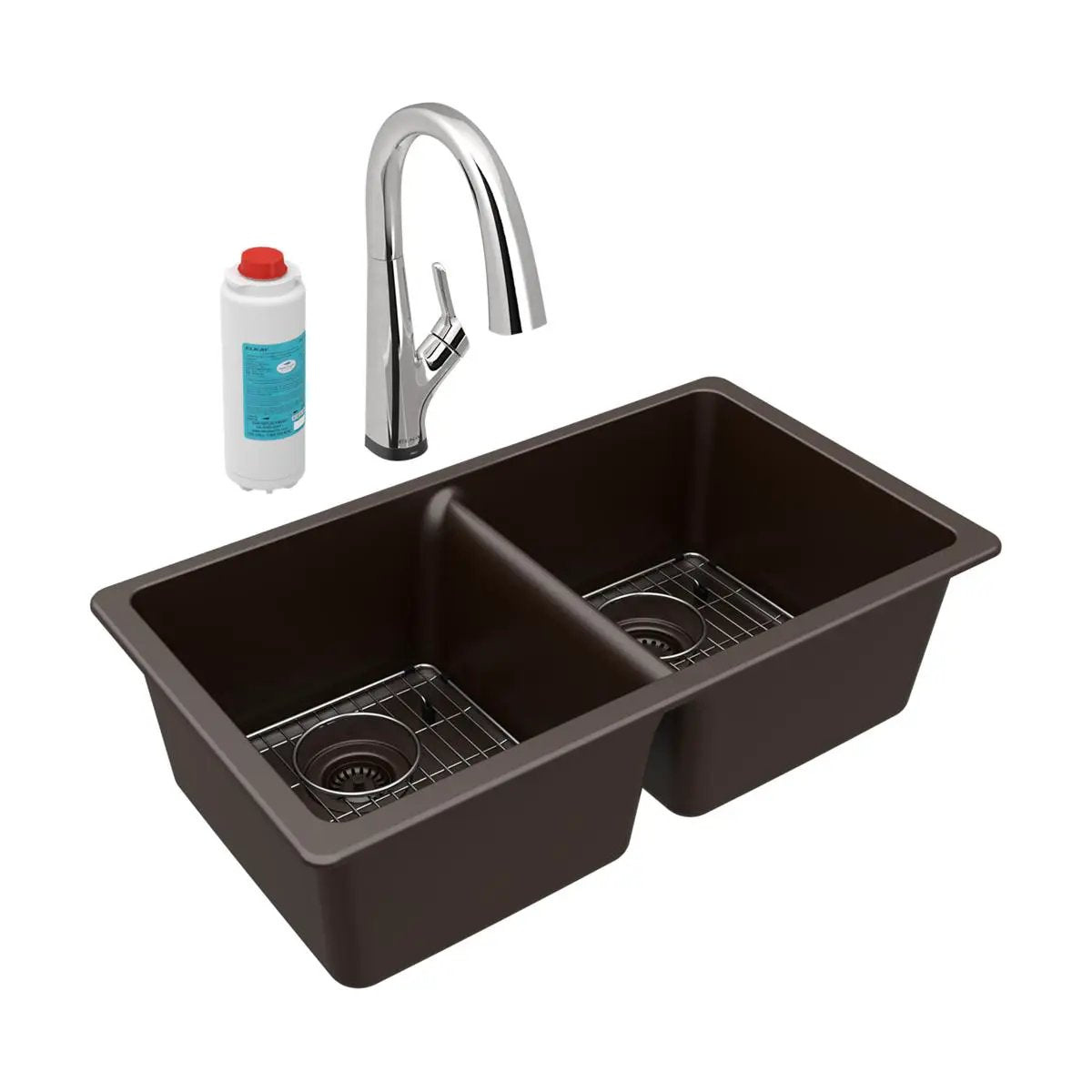 Elkay Quartz Classic 33" x 18-1/2" x 9-1/2" Equal Double Bowl Undermount Sink Kit with Filtered Faucet by Elkay