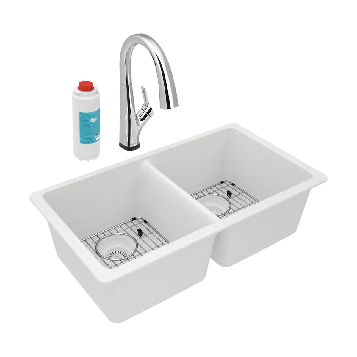 Elkay Quartz Classic 33" x 18-1/2" x 9-1/2" Equal Double Bowl Undermount Sink Kit with Filtered Faucet by Elkay
