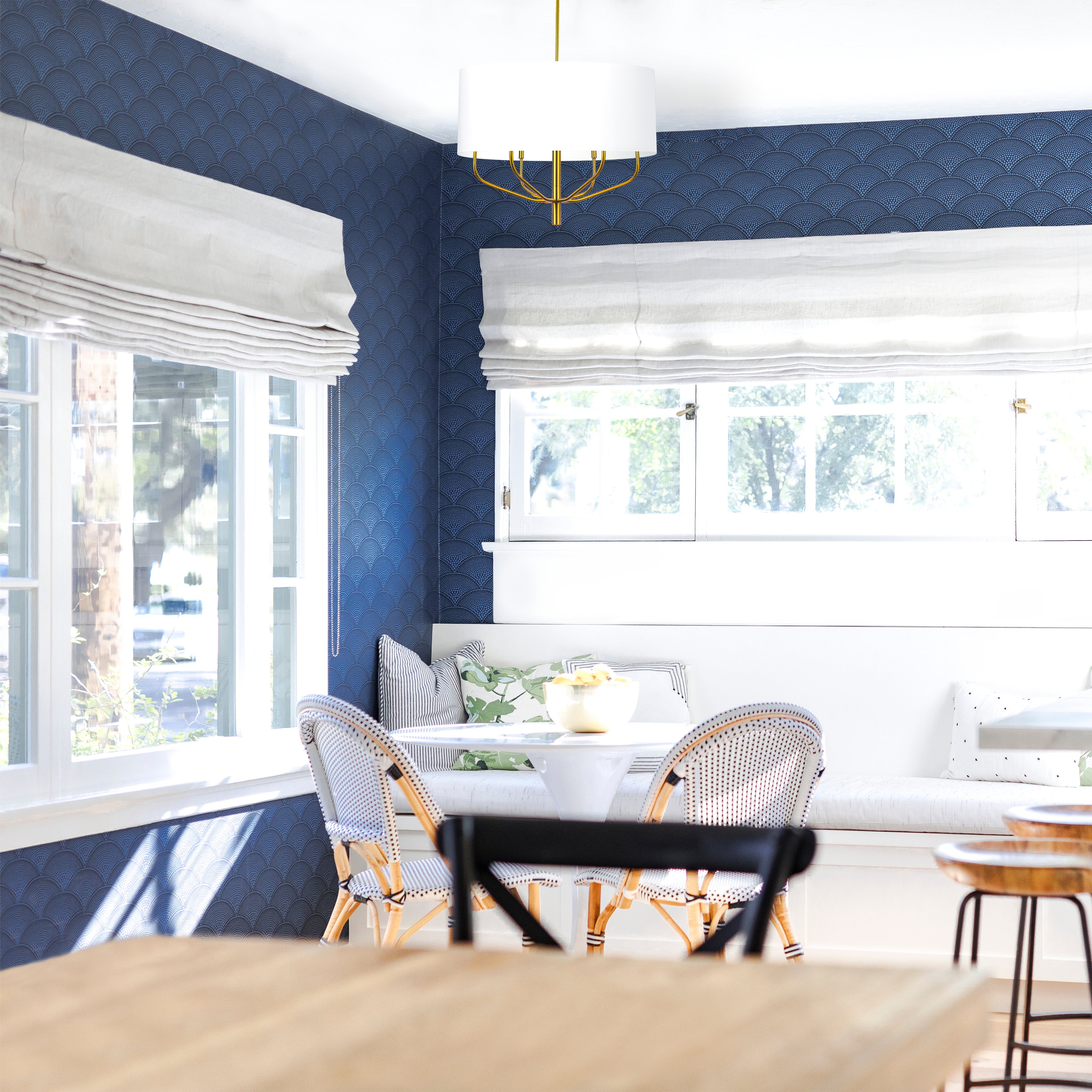 aged brass with white fabric shade chandeliers