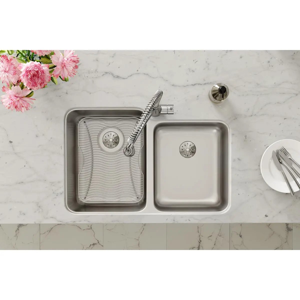 lustrous satin double bowl undermount sink kit