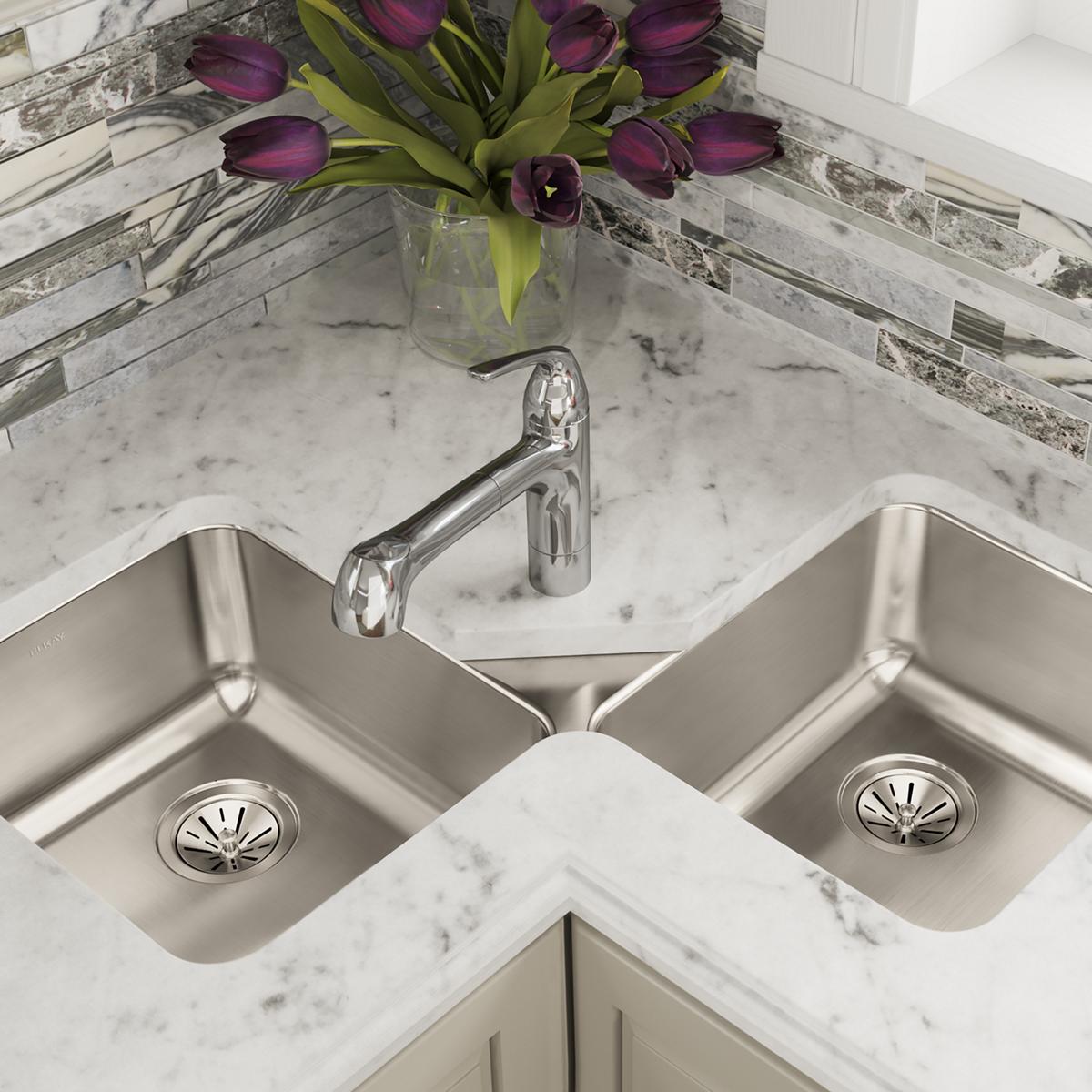 lustrous satin equal double bowl corner sink