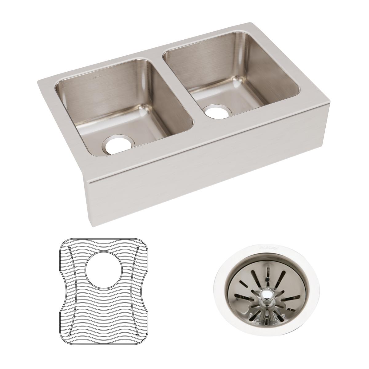 lustrous satin double bowl farmhouse sink kit