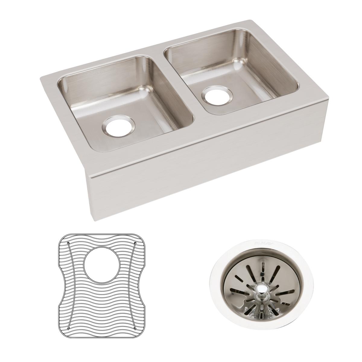 lustrous satin double bowl farmhouse sink kit