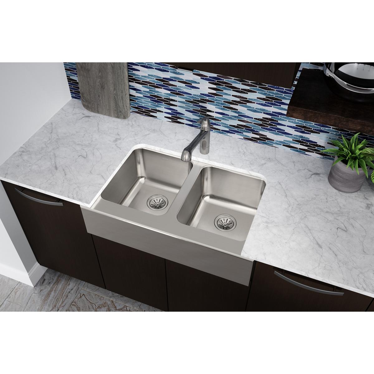 lustrous satin double bowl farmhouse sink