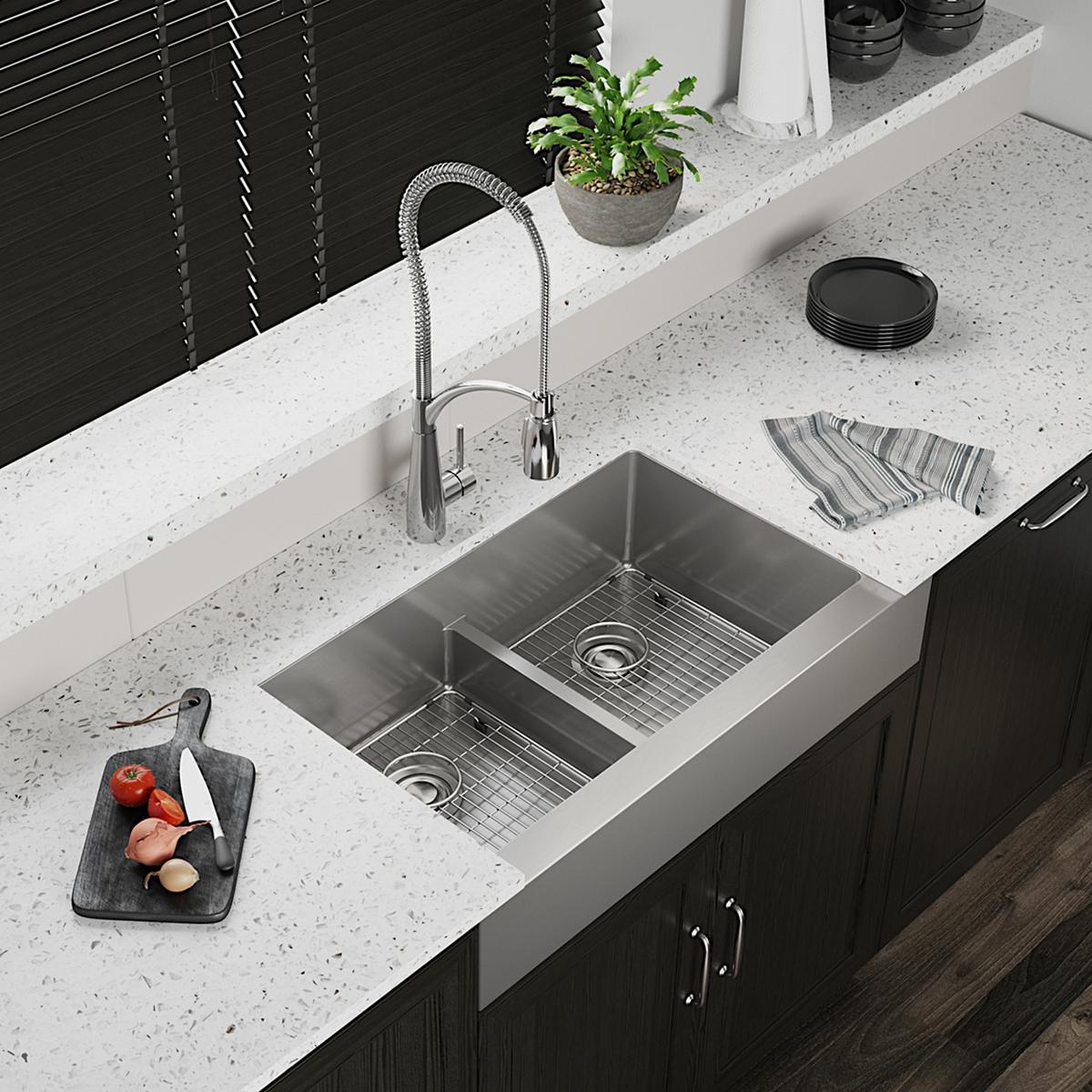 polished satin double bowl farmhouse sink kit