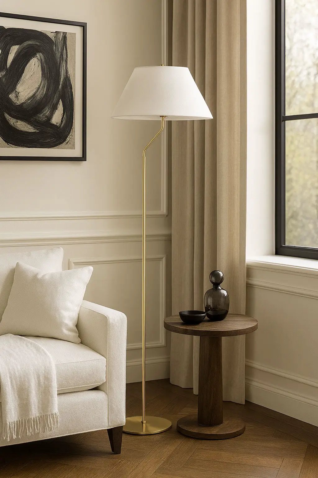 aged brass/white floor lamp