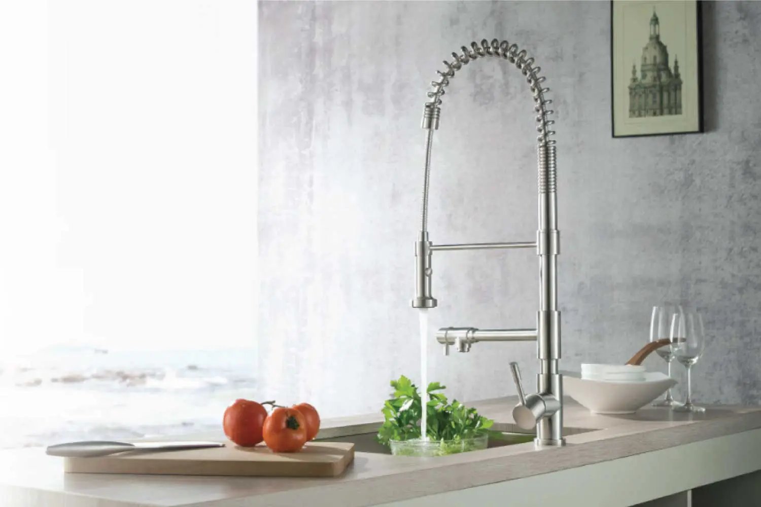 polished steel kitchen faucet