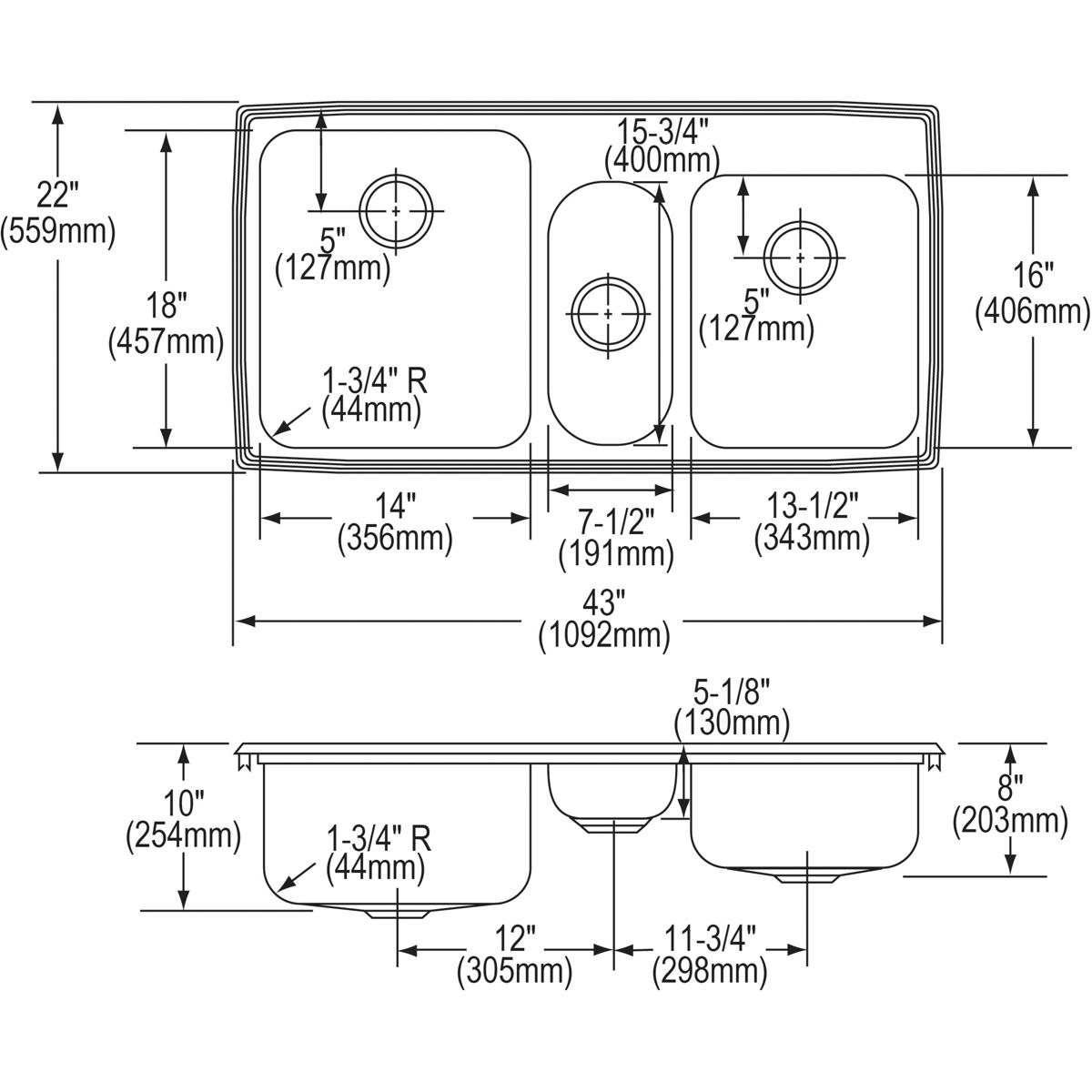 lustrous satin triple bowl drop-in sink