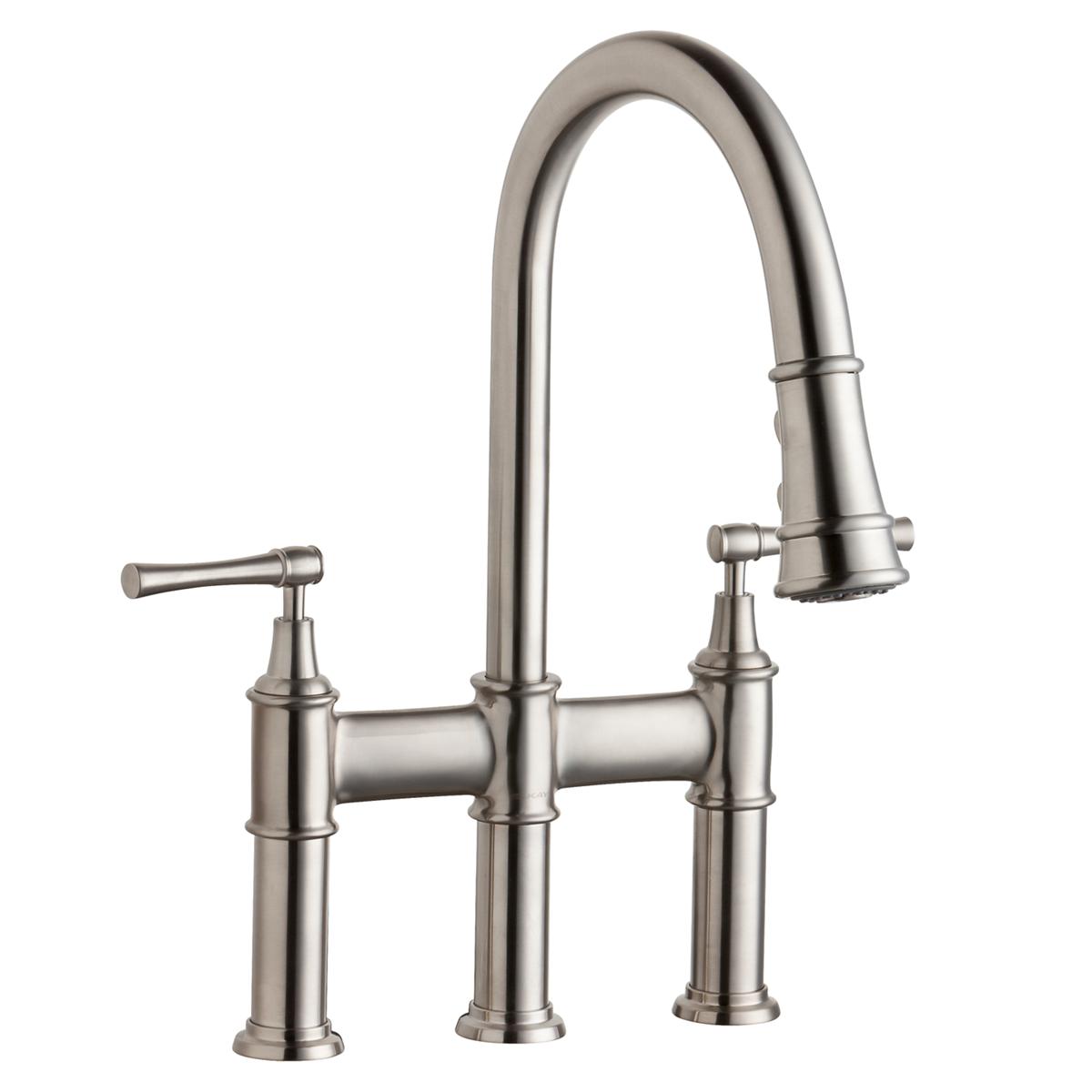 Elkay Explore Three Hole Bridge Faucet with Pull-down Spray and Lever Handles
