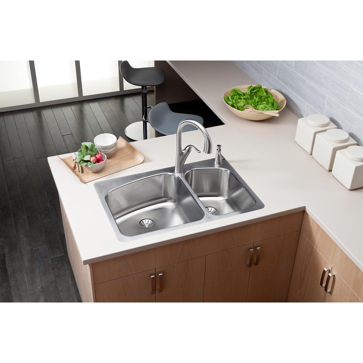 lustrous satin double bowl dual mount sink