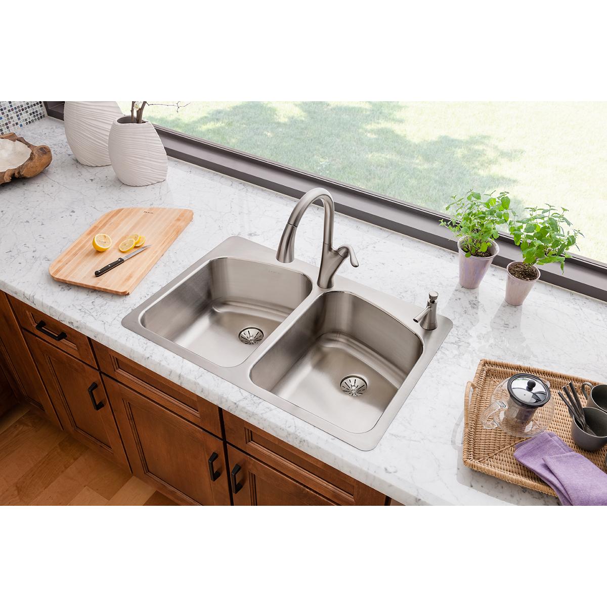 lustrous satin double bowl dual mount sink