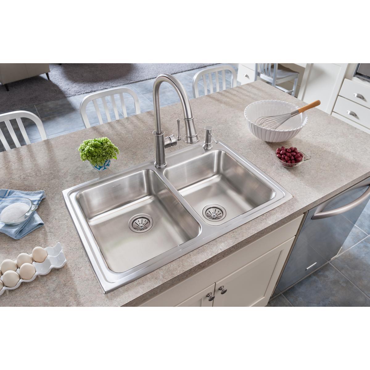 lustrous satin double bowl drop-in sink