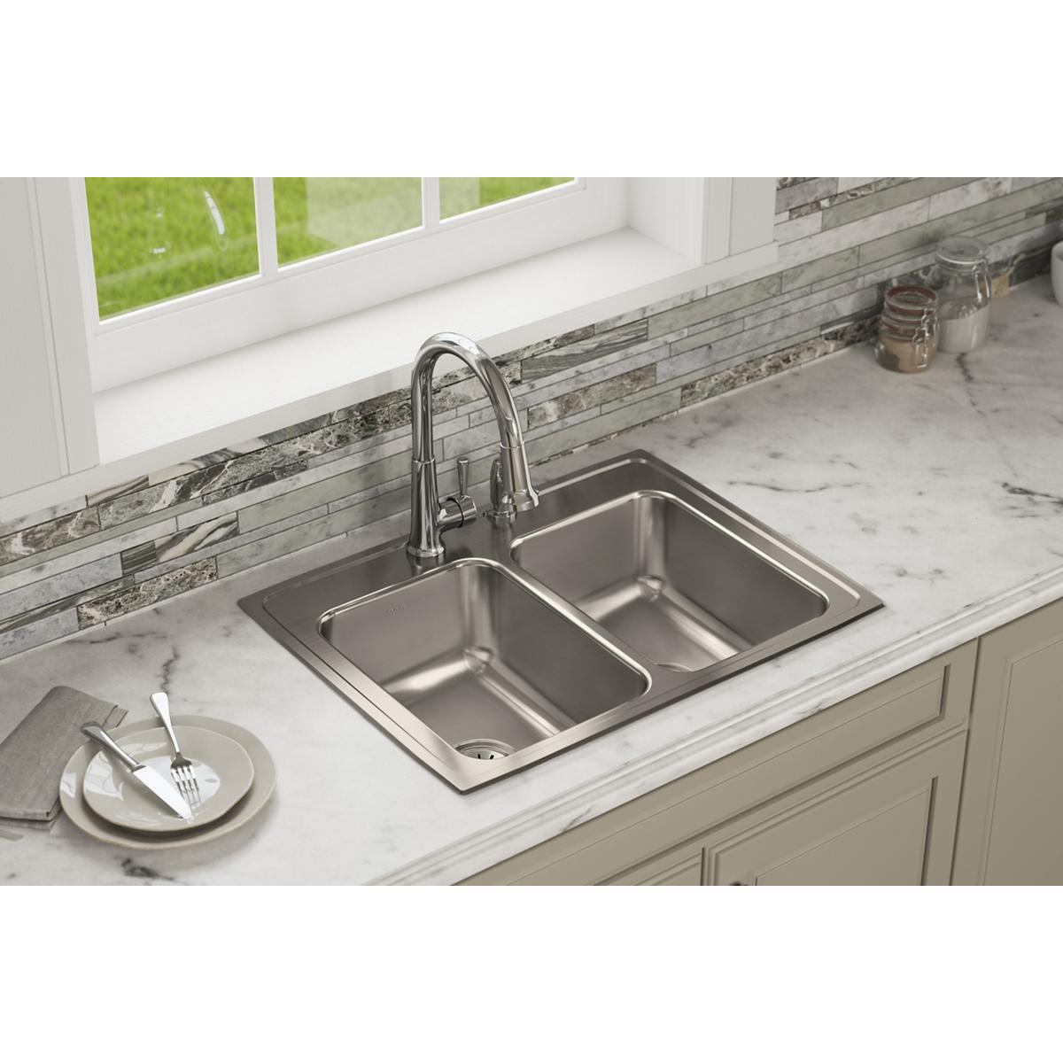 lustrous satin double bowl drop-in sink