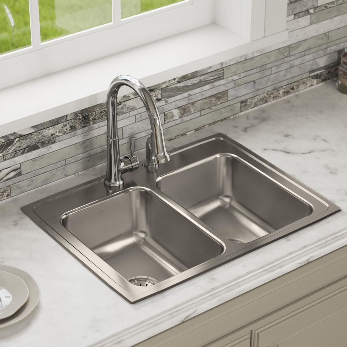 lustrous satin double bowl drop-in sink