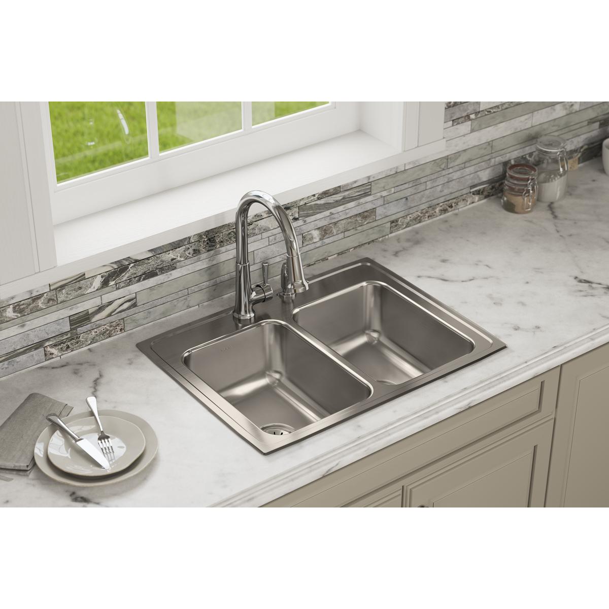 lustrous satin double bowl drop-in sink