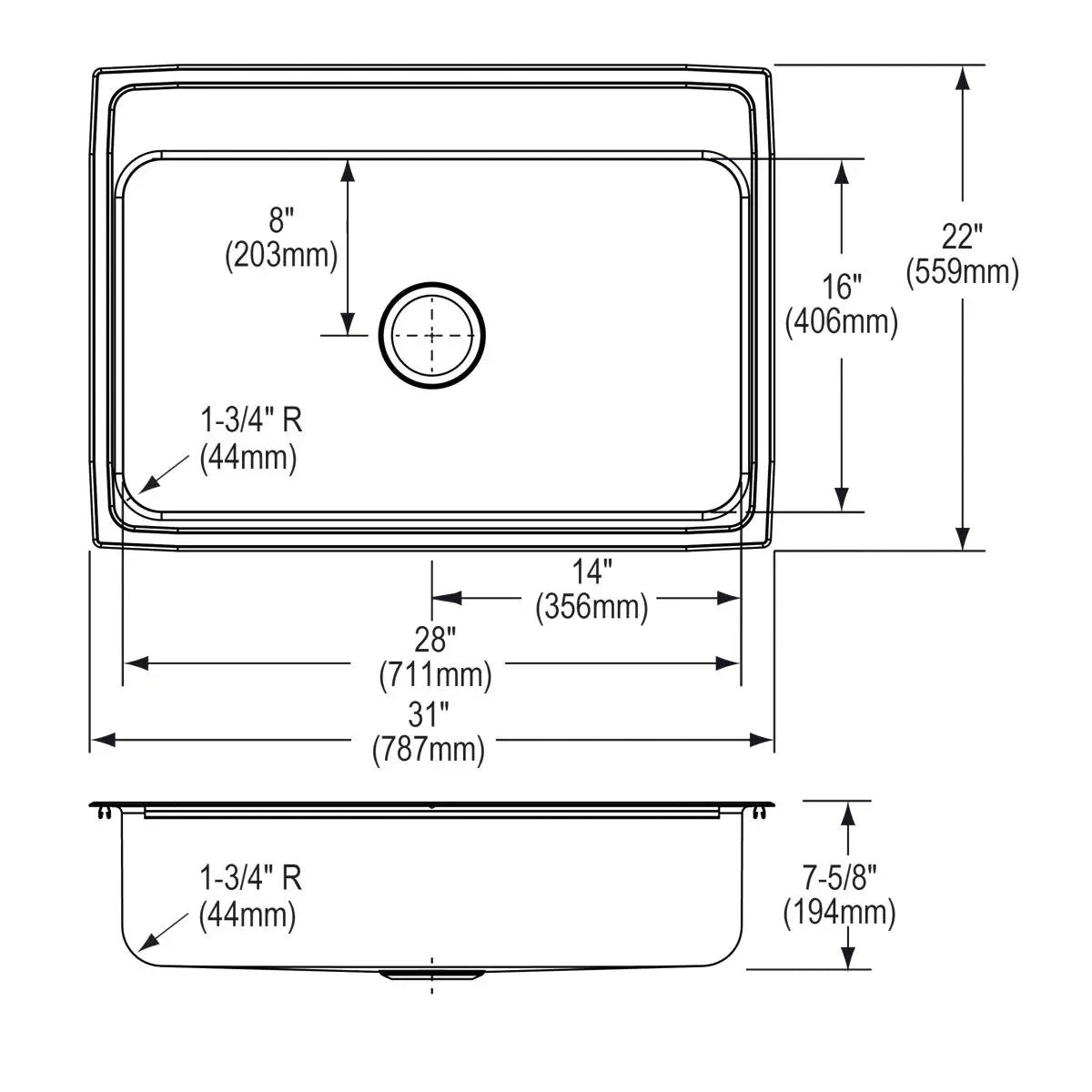lustrous satin single bowl drop-in sink