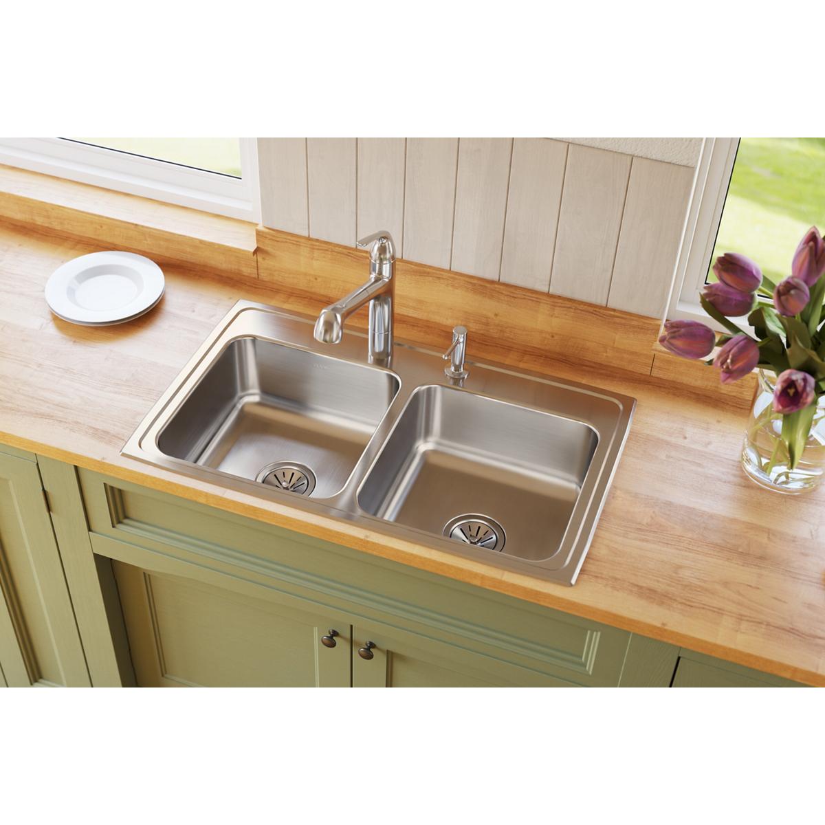 lustrous satin double bowl drop-in sink