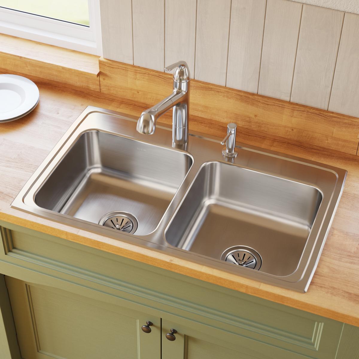 lustrous satin double bowl drop-in sink