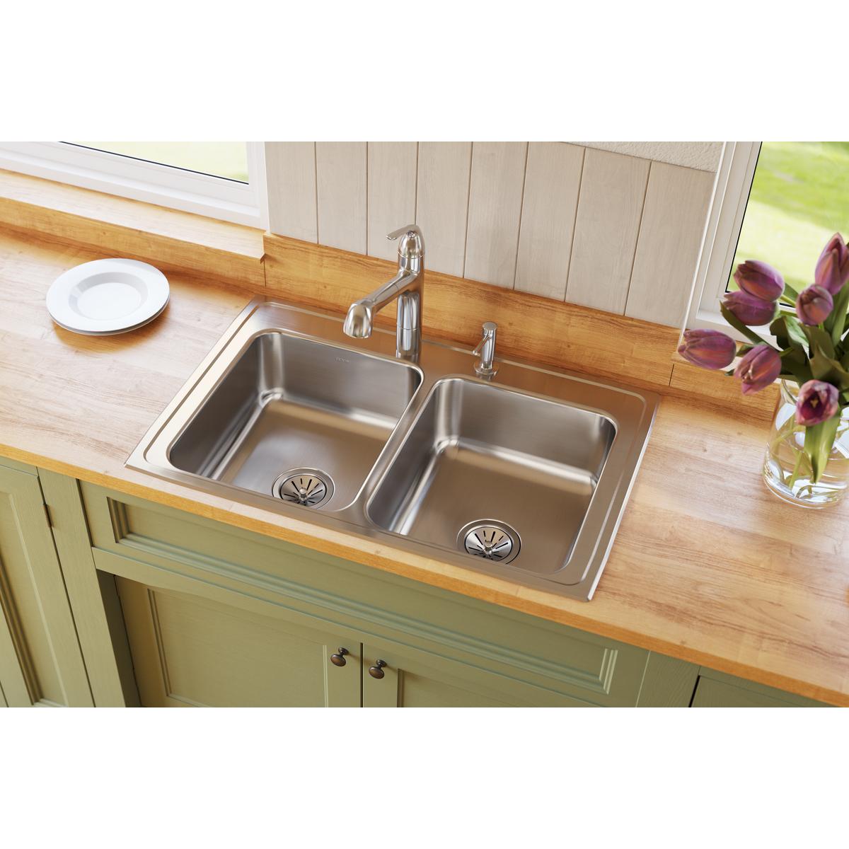 lustrous satin double bowl drop-in sink