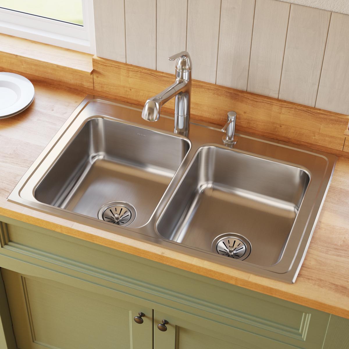 lustrous satin double bowl drop-in sink