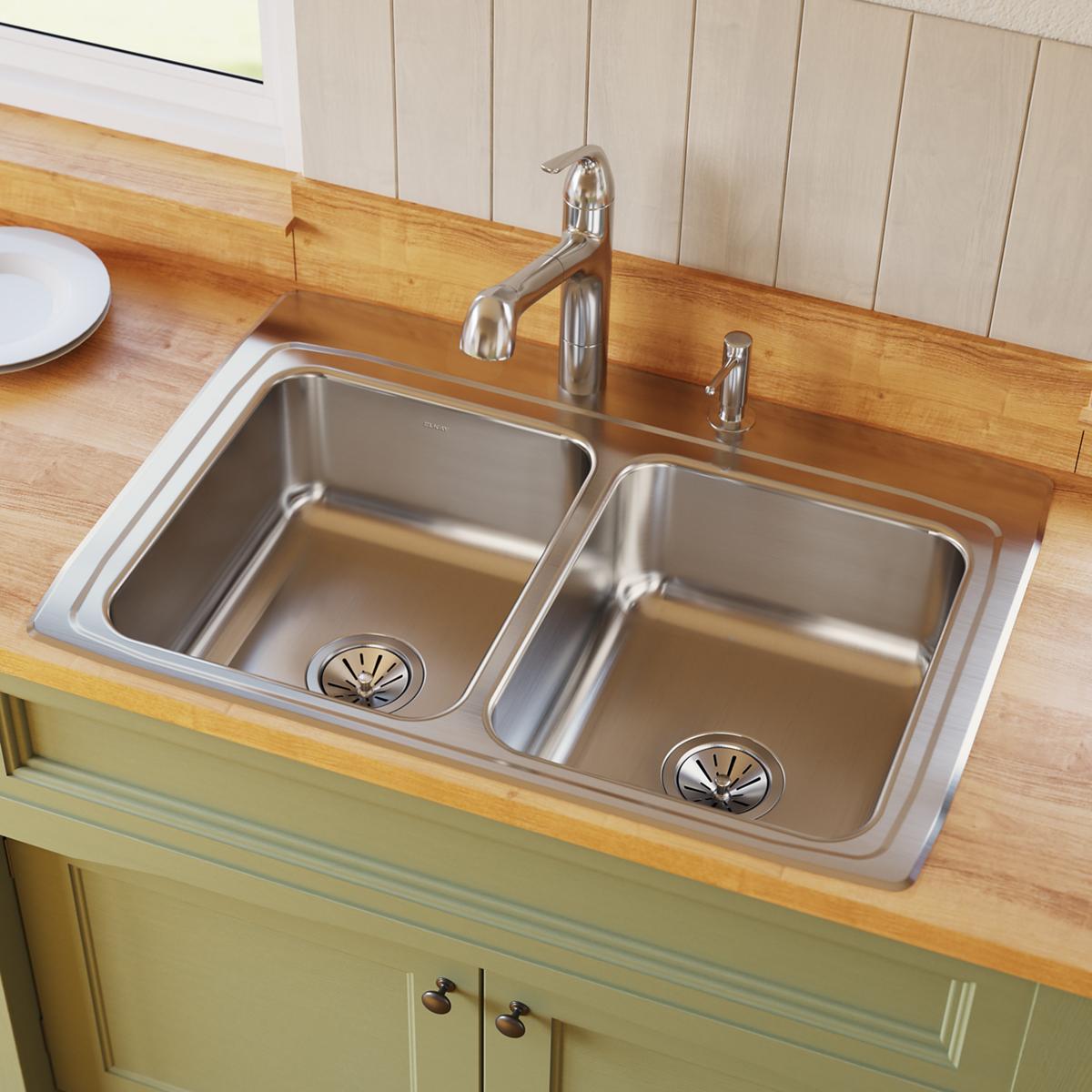 lustrous satin double bowl drop-in sink