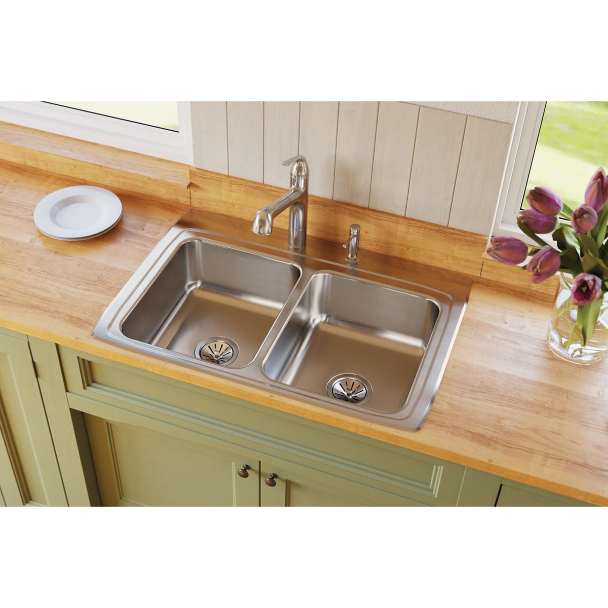 lustrous satin double bowl drop-in sink