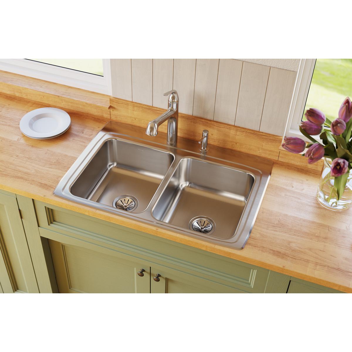 lustrous satin double bowl drop-in sink