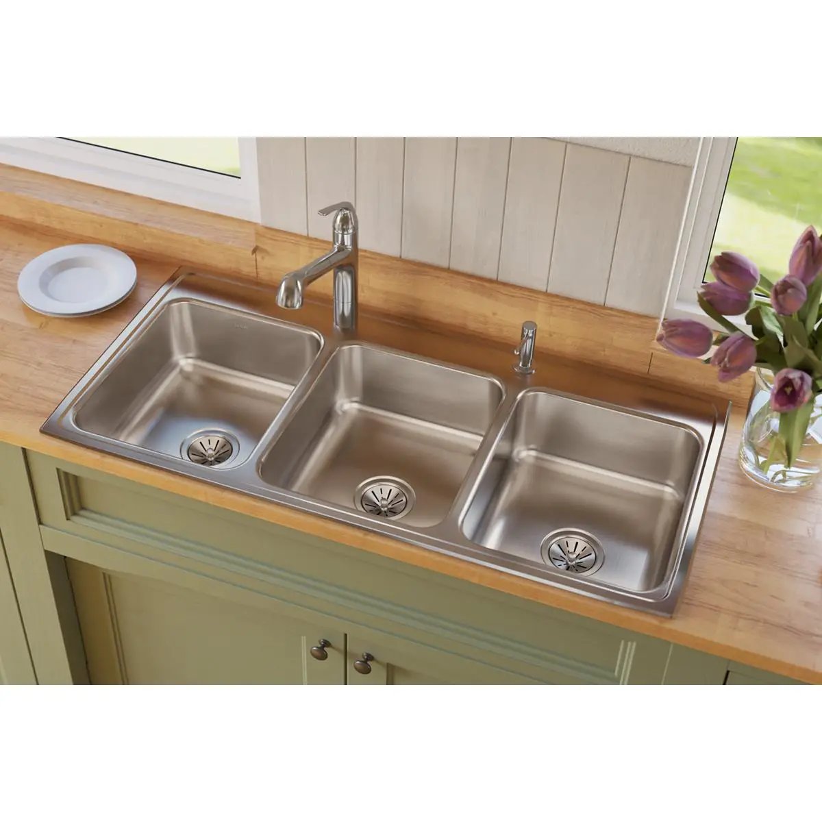 lustrous satin triple bowl drop-in sink