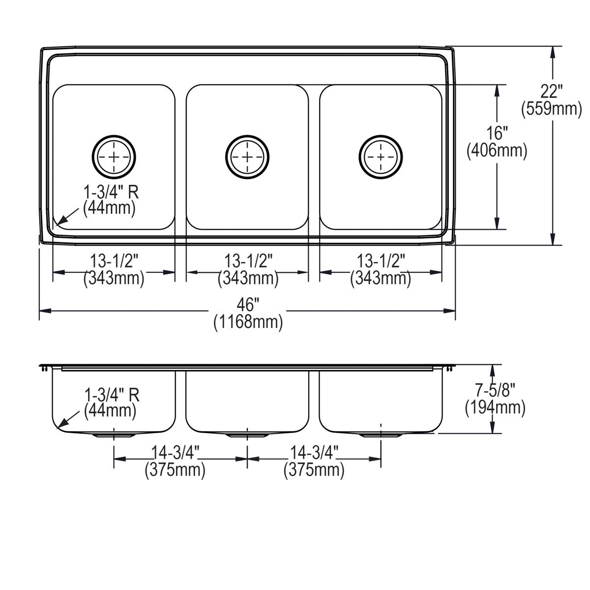 lustrous satin triple bowl drop-in sink
