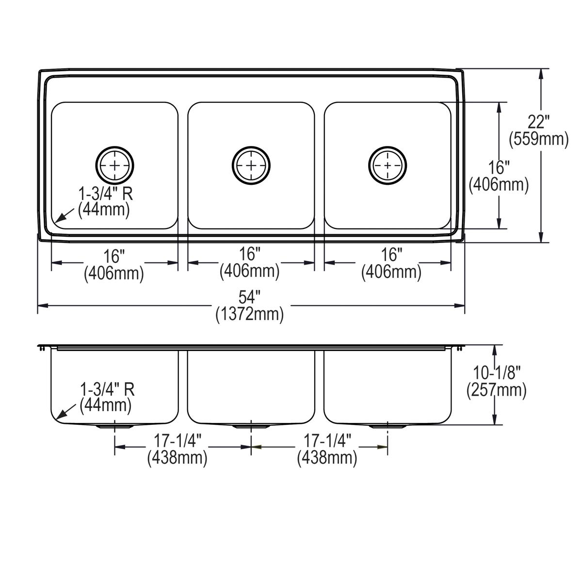 lustrous satin triple bowl drop-in sink