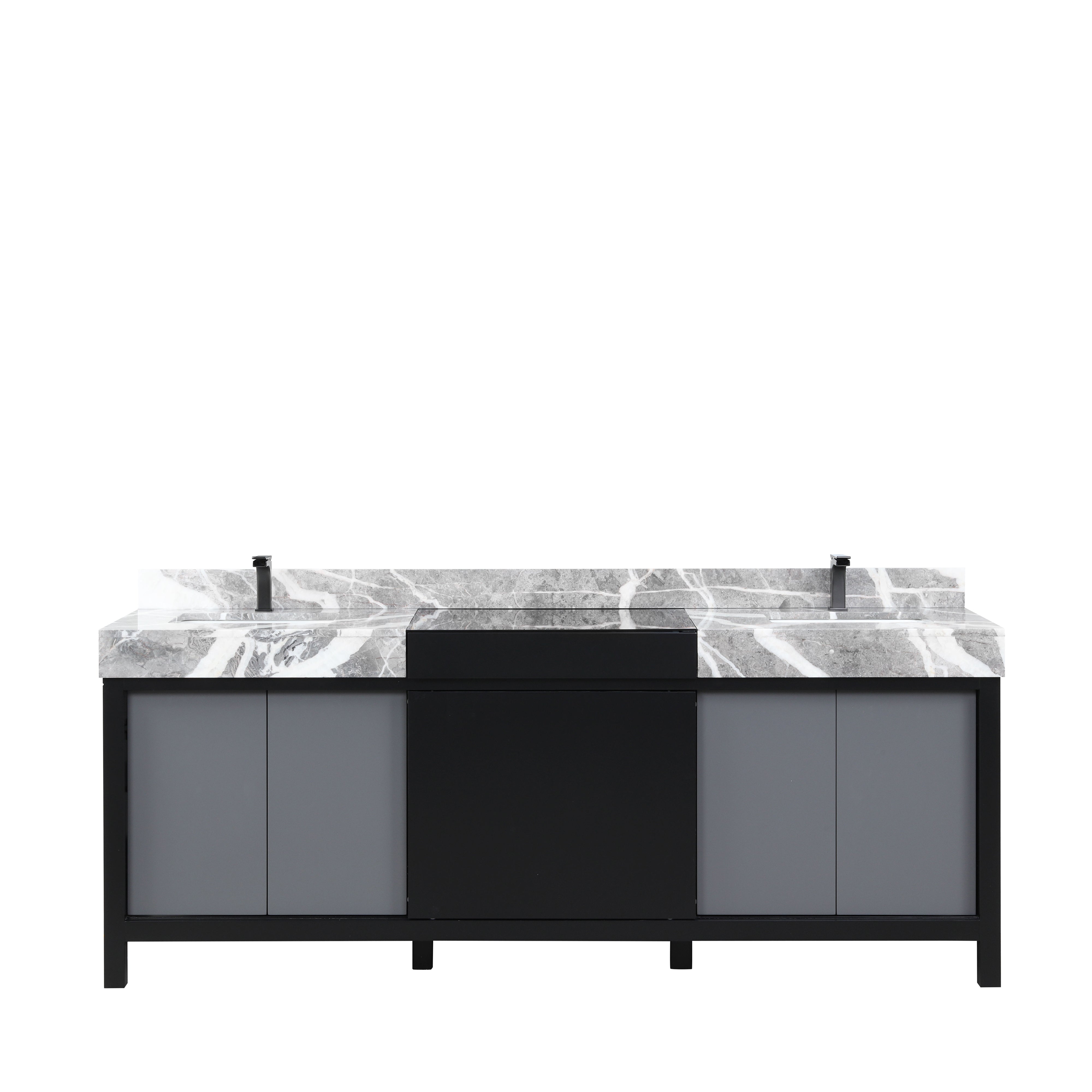 Lexora Zilara 84 in W x 22 in D Black and Grey Double Bath Vanity and Castle Grey Marble Top