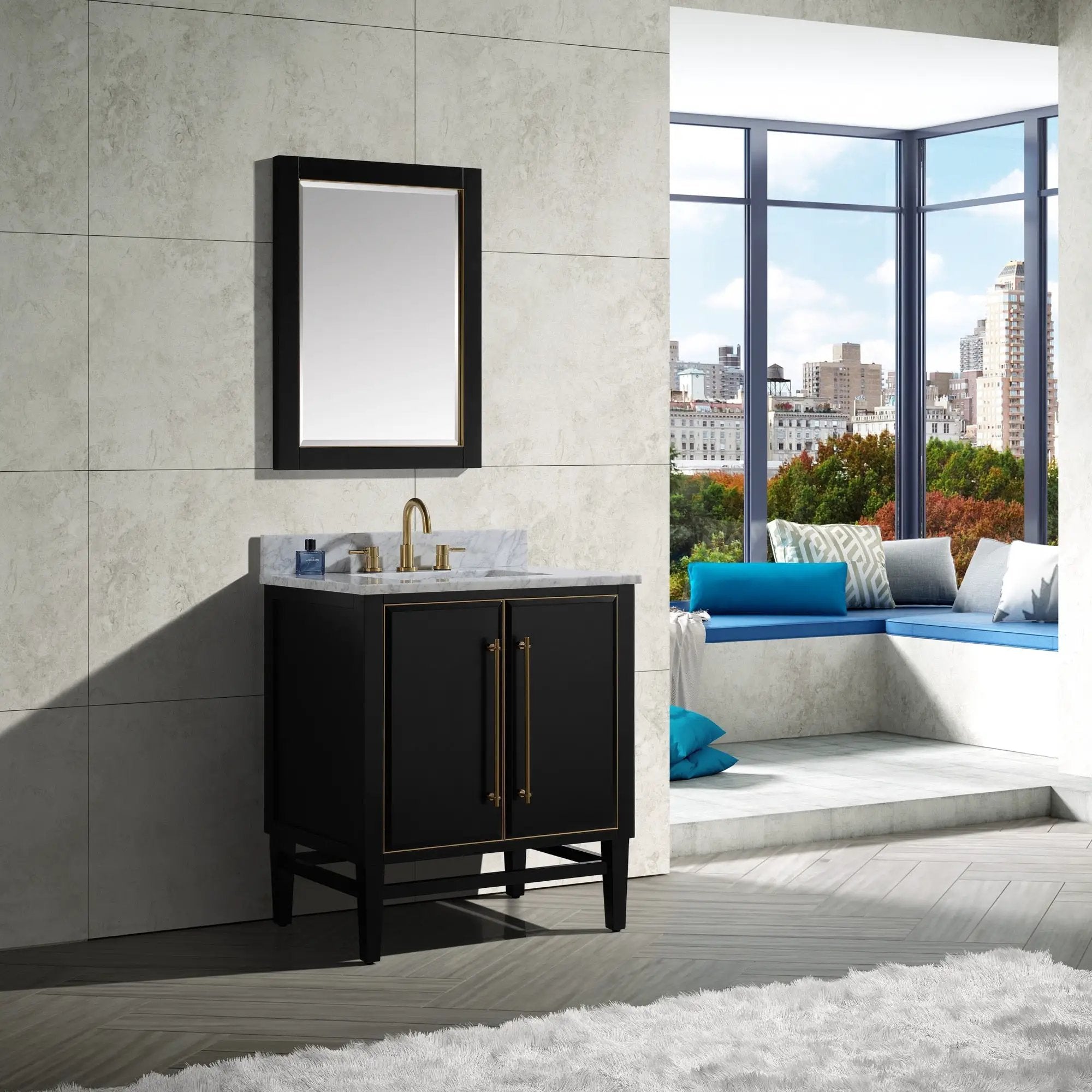 black/gold trim vanity base