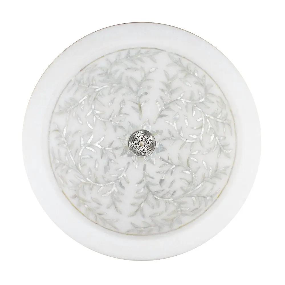 Linkasink Round Floral Mother of Pearl Inlay Vessel Sink 16.5" - White Marble by Linkasink